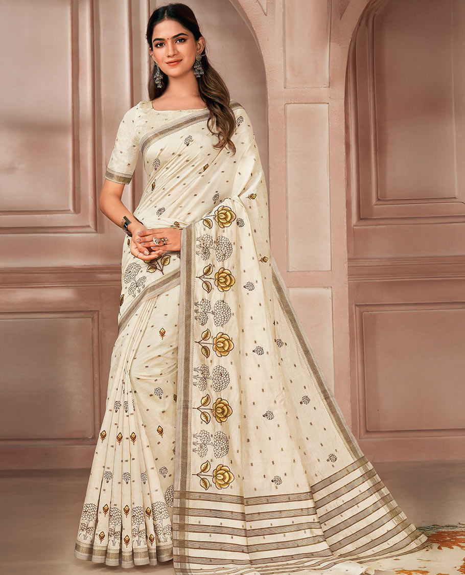Cream floral motifs embroidered designer saree, self-border, and pallu of stripes
