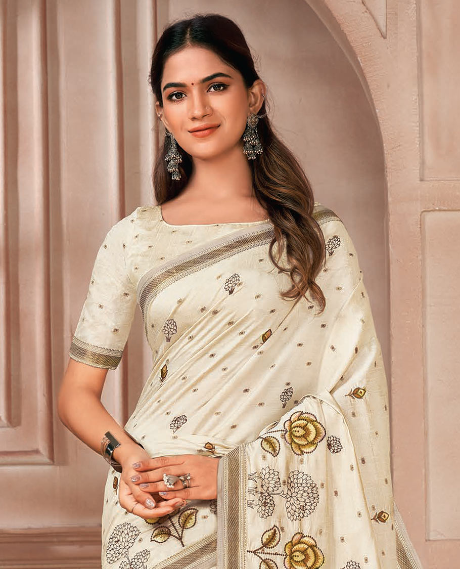 Cream floral motifs embroidered designer saree, self-border, and pallu of stripes