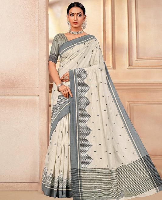 Off-white floral motifs embroidered designer saree, contrast embroidered border, and striped pallu