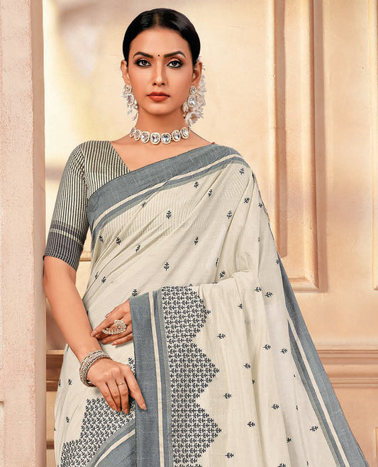 Off-white floral motifs embroidered designer saree, contrast embroidered border, and striped pallu