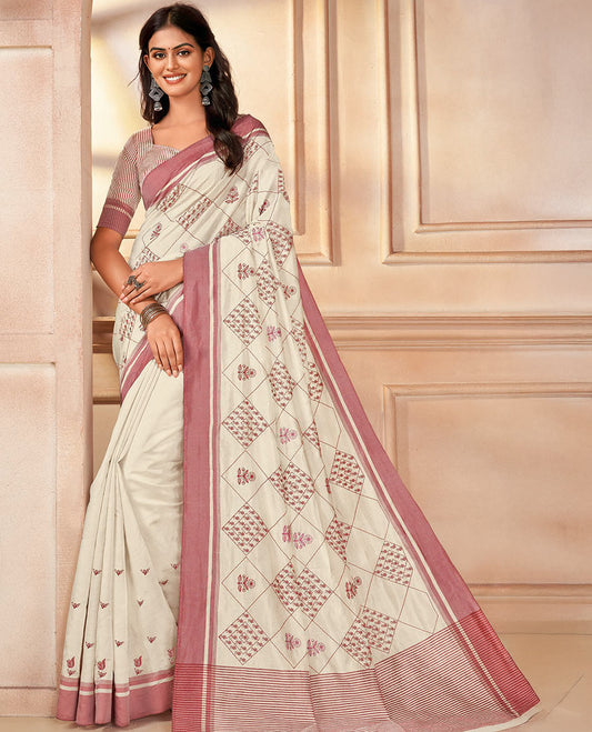 Cream jaal embroidered designer saree, contrast border, and striped pallu