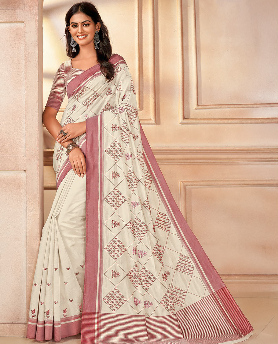 Cream jaal embroidered designer saree, contrast border, and striped pallu