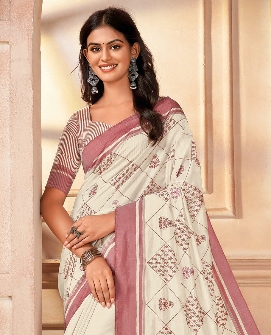 Cream jaal embroidered designer saree, contrast border, and striped pallu