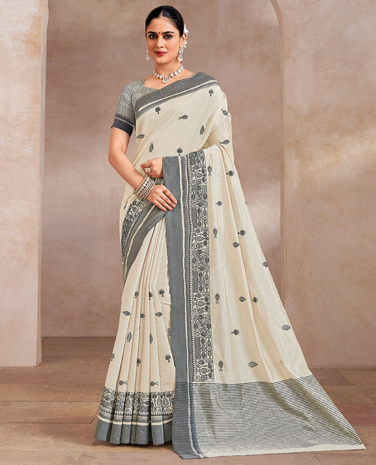 Cream and grey unique motifs embroidered designer saree, contrast border and striped pallu