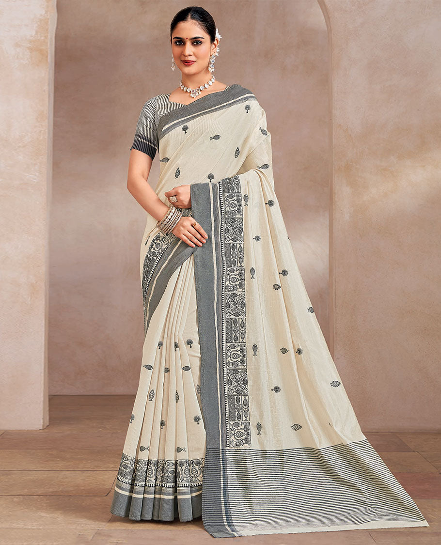 Cream and grey unique motifs embroidered designer saree, contrast border and striped pallu