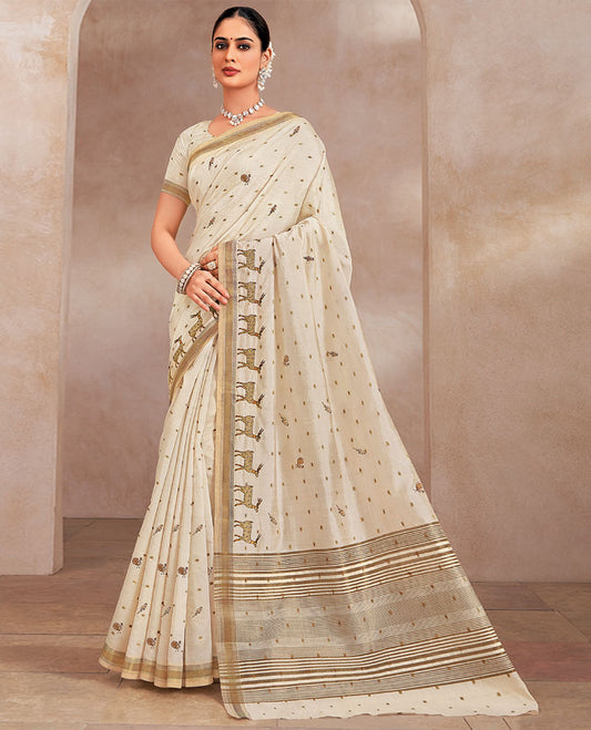 Cream animal motifs designer saree, deer motifs featured on its border, and striped pallu