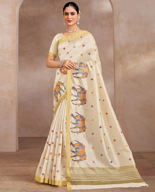 Cream colorful buttas and elephant motifs designer saree, zari border, and striped pallu