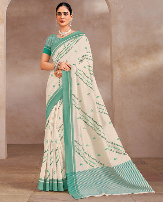 Cream and turquoise peacock and temple motifs designer saree, contrast plain border, and striped pallu