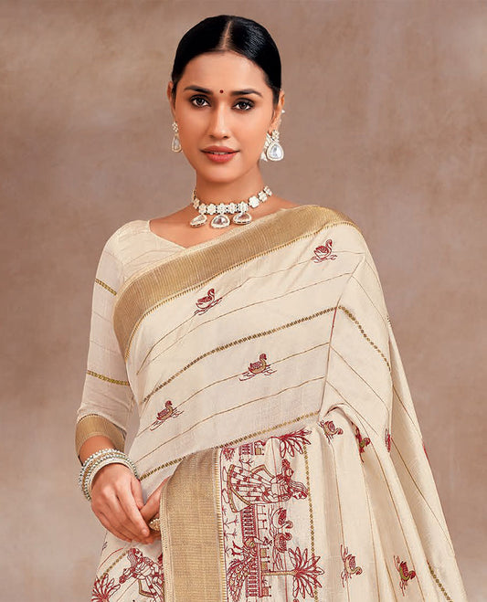 Cream swan and village theme motifs embroidered designer saree, zari border, and striped pallu