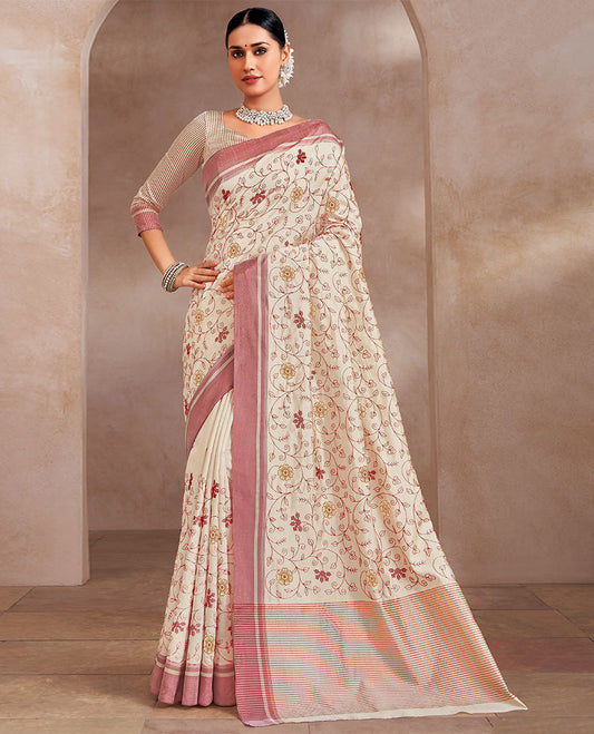 Cream and pink floral vine embroidered designer saree, contrast border, and striped pallu