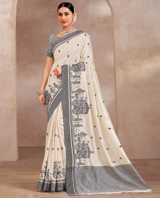 Cream and grey floral and anicient human figurines embroidered designer saree, contrast border, and striped pallu