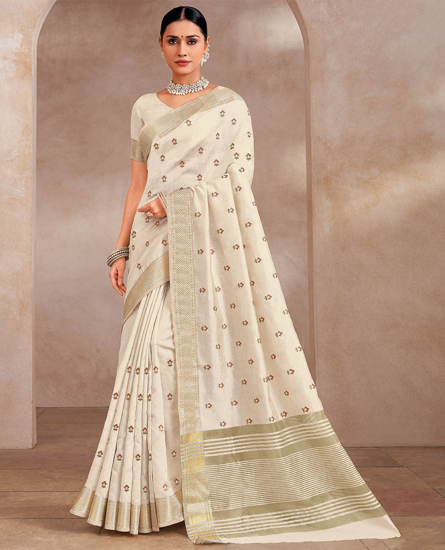 Cream buttas embroidered designer saree, traditional zari border and striped pallu