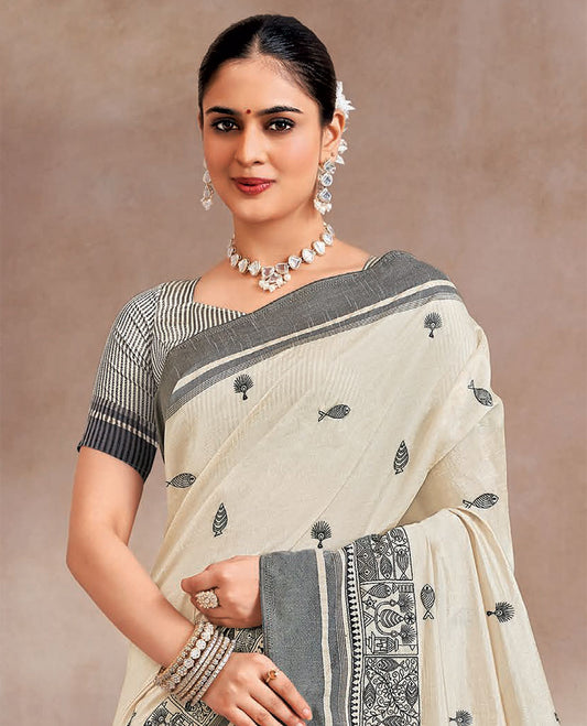 Cream and grey unique motifs embroidered designer saree, contrast border and striped pallu