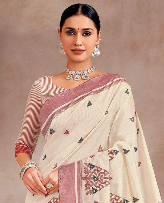Cream and red buttas and intricate embroidered designer saree, contrast border and striped pallu