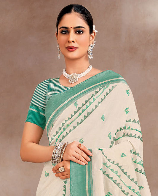 Cream and turquoise peacock and temple motifs designer saree, contrast plain border, and striped pallu