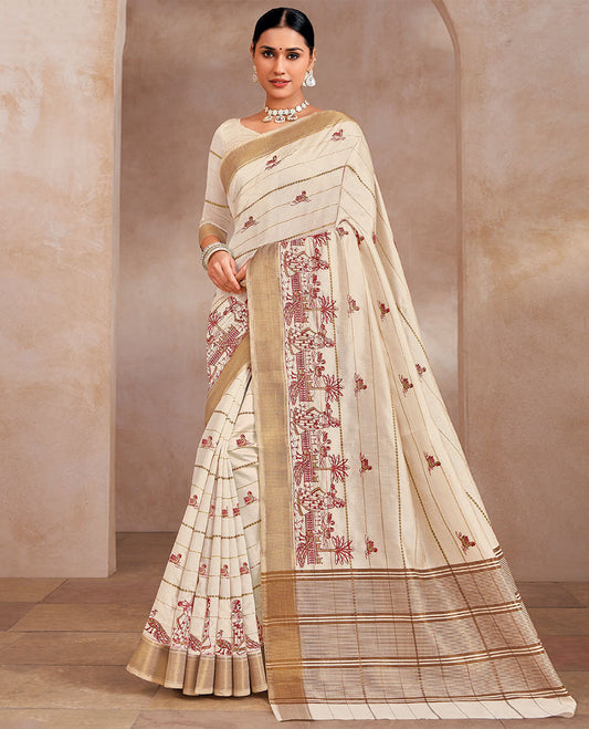 Cream swan and village theme motifs embroidered designer saree, zari border, and striped pallu
