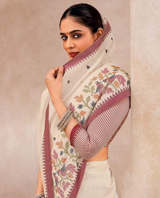 Cream buttas and jamdani floral vine and bird embroidered designer saree, temple border, and striped pallu