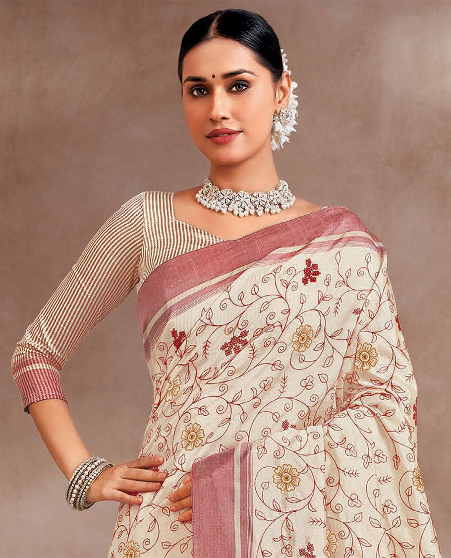 Cream and pink floral vine embroidered designer saree, contrast border, and striped pallu