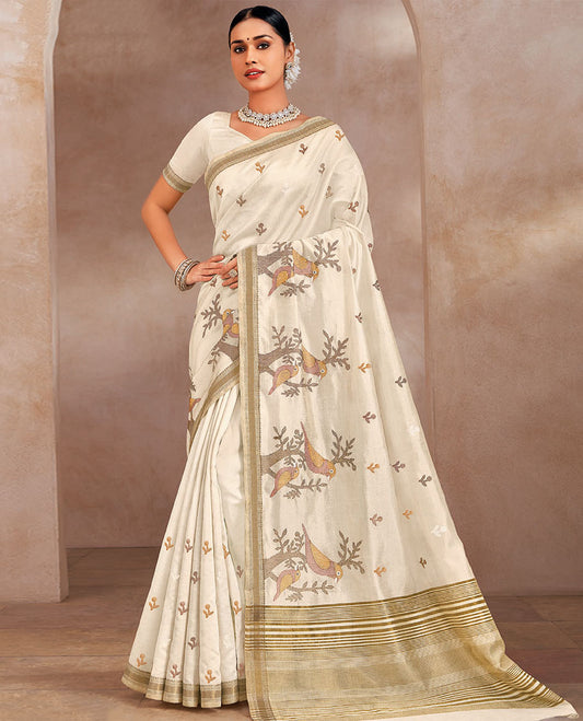 Cream floral buttas and birds on the branches motifs embroidered designer saree, self-border, and pallu