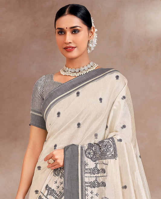 Cream and grey floral and anicient human figurines embroidered designer saree, contrast border, and striped pallu