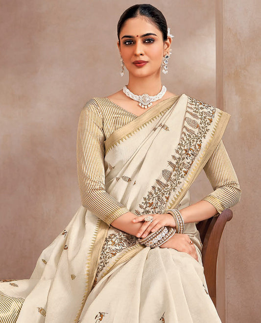 Cream motifs embroidered designer saree, embroidered border, and striped pallu
