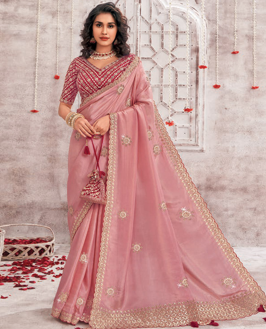 Pink floral stone embroidery designer catalouge saree with floral scallop border & embroidered readymade blouse