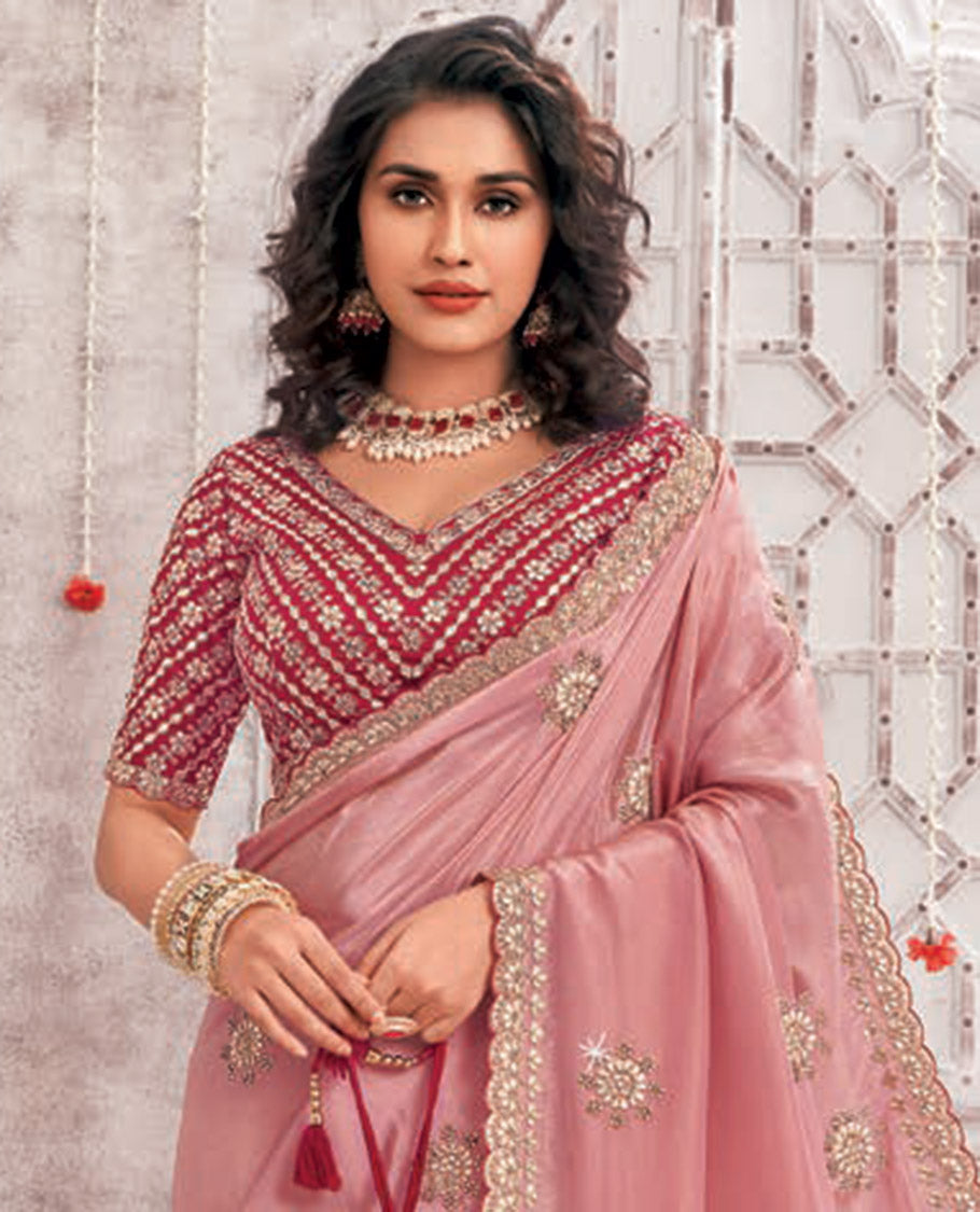 Pink floral stone embroidery designer catalouge saree with floral scallop border & embroidered readymade blouse
