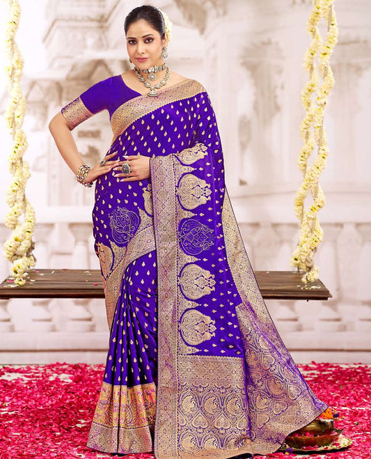 Blue buttas with micro stone work designer catalog saree, intricate motifs woven border, and pallu
