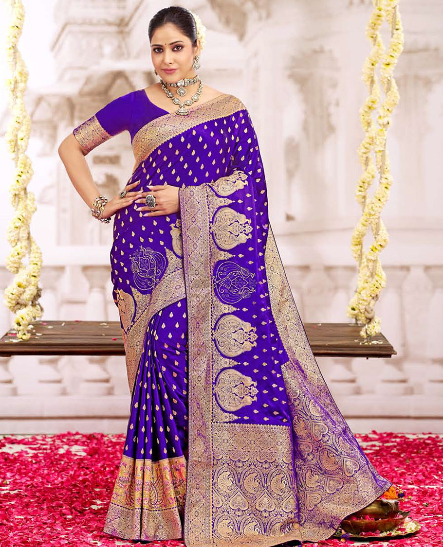 Blue buttas with micro stone work designer catalog saree, intricate motifs woven border, and pallu