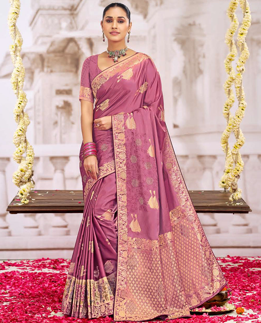 Pink buttas with micro stone work designer catalog saree, Meenakari style woven border, and jaal pallu