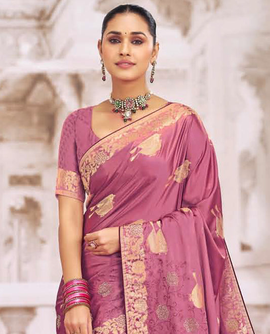 Pink buttas with micro stone work designer catalog saree, Meenakari style woven border, and jaal pallu