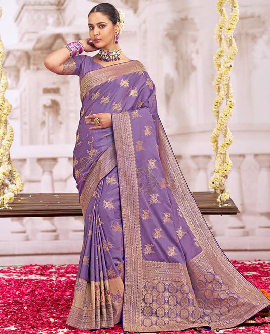 Lavender buttas designer catalog saree, traditional design border, and intricate pallu