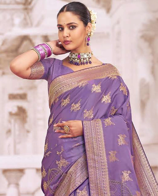 Lavender buttas designer catalog saree, traditional design border, and intricate pallu