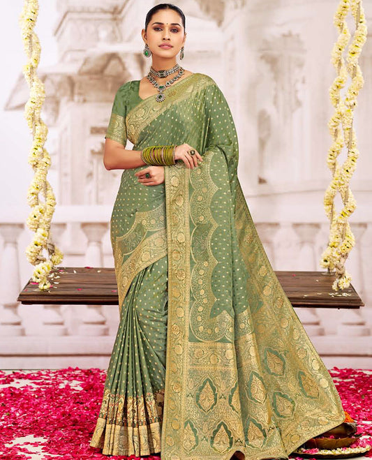 Green buttas designer catalog saree, floral creeper design scallop border, and intricate pallu