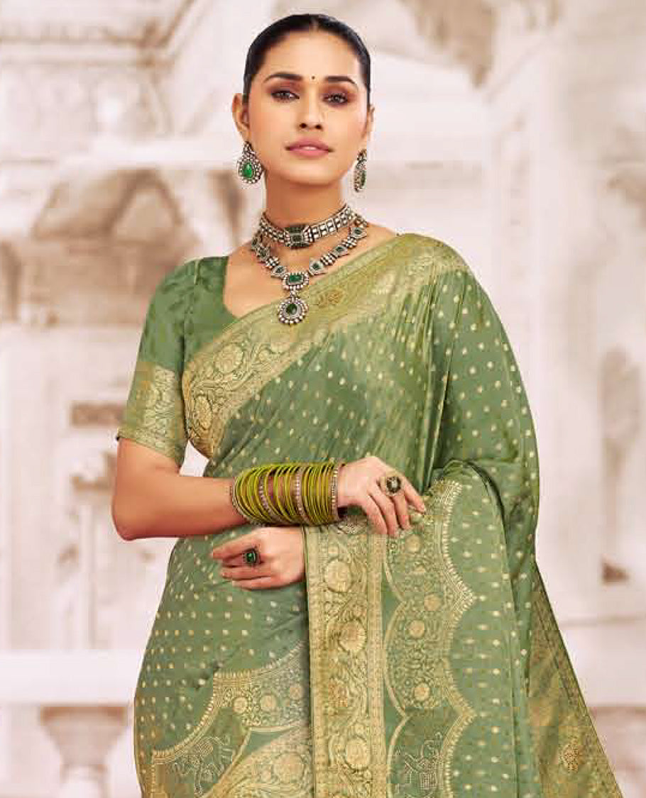 Green buttas designer catalog saree, floral creeper design scallop border, and intricate pallu