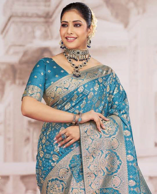 Blue buttas designer catalog saree, floral creeper design scallop border, and intricate pallu