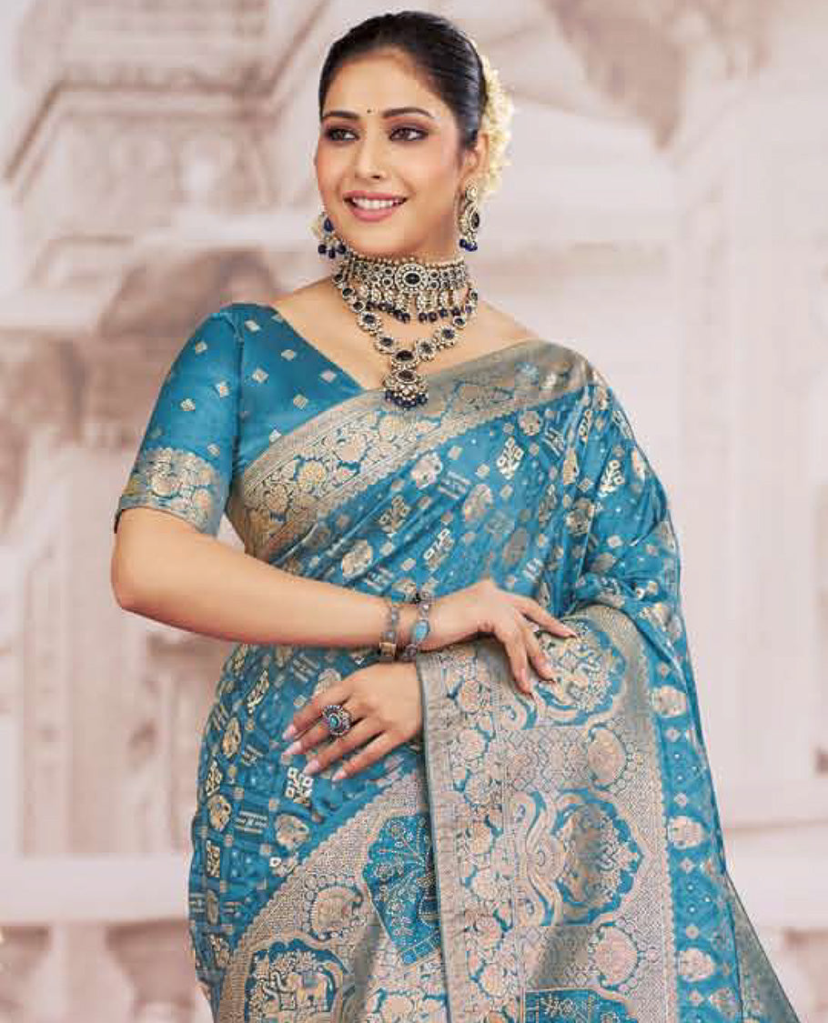 Blue buttas designer catalog saree, floral creeper design scallop border, and intricate pallu