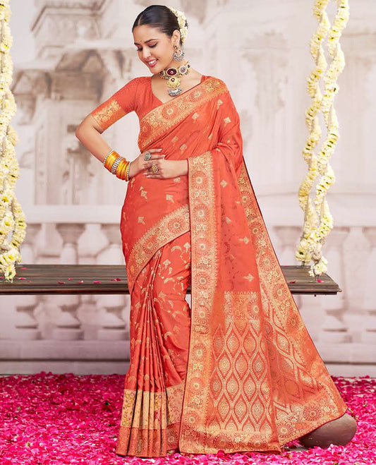 Orange buttas designer catalog saree, chakram design border, and pallu of ogee designs