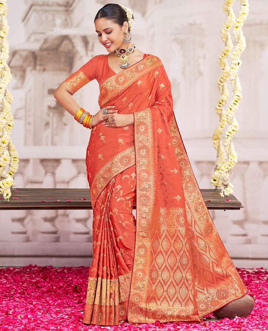 Orange buttas designer catalog saree, chakram design border, and pallu of ogee designs