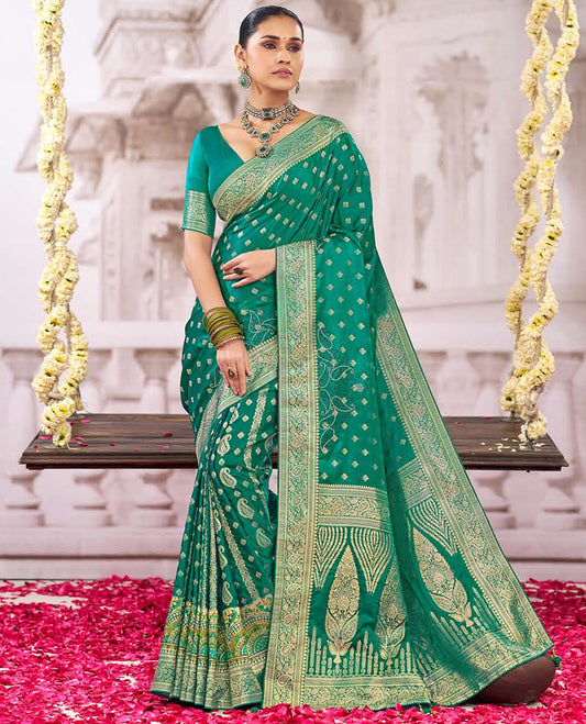 Green buttas with micro stone paisley design designer catalog saree, traditional design border, and intricate pallu