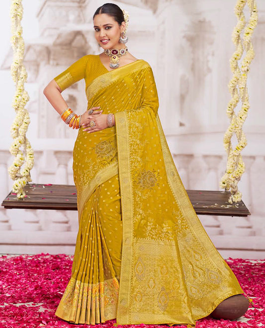 Mustard buttas with floral design micro stone work designer catalog saree, traditional design border, and intricate pallu