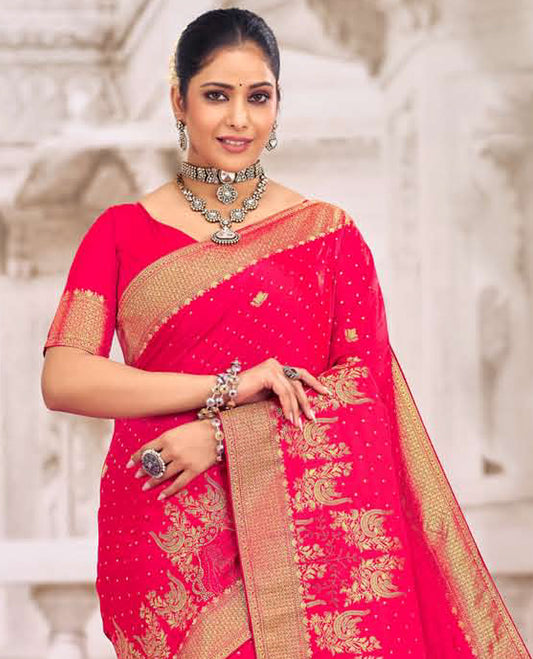 Pink buttas with micro stone work designer catalog saree, traditional design border, and jaal pallu