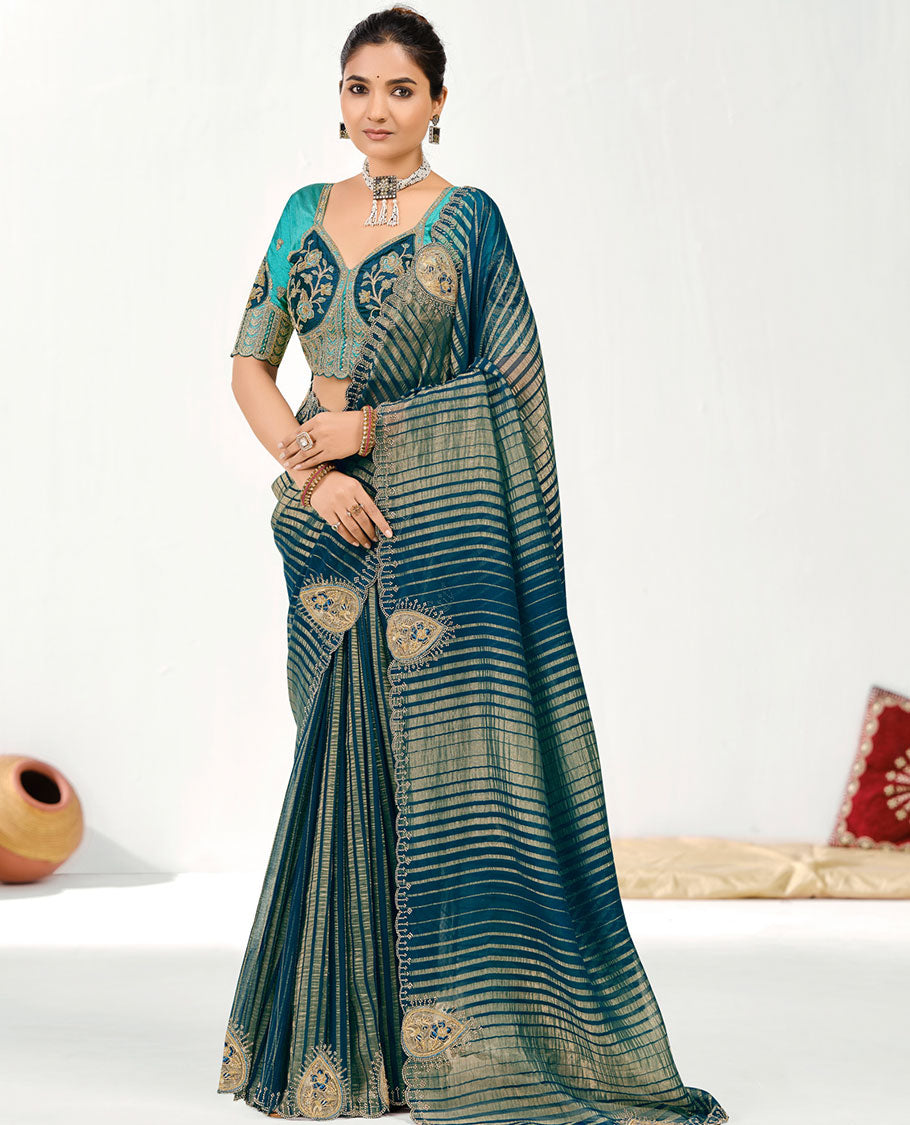 Blue Zari Striped with Drop Motifs, Patch-Embroidered Designer Saree, Stone-Work Border, Self-Pallu, and a Contrast Embroidered Blouse