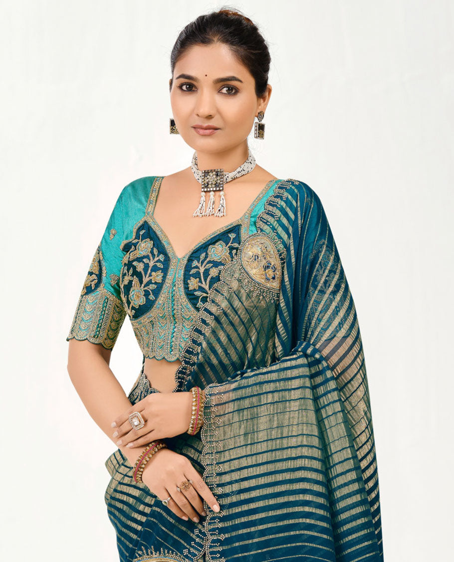 Blue Zari Striped with Drop Motifs, Patch-Embroidered Designer Saree, Stone-Work Border, Self-Pallu, and a Contrast Embroidered Blouse
