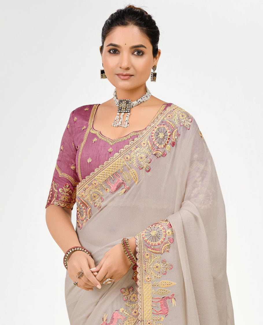 Grey Plain Designer Saree, Scallop Embroidered Border of Bird-Deer Motifs, Self-Pallu, and a Contrast Embroidered Blouse