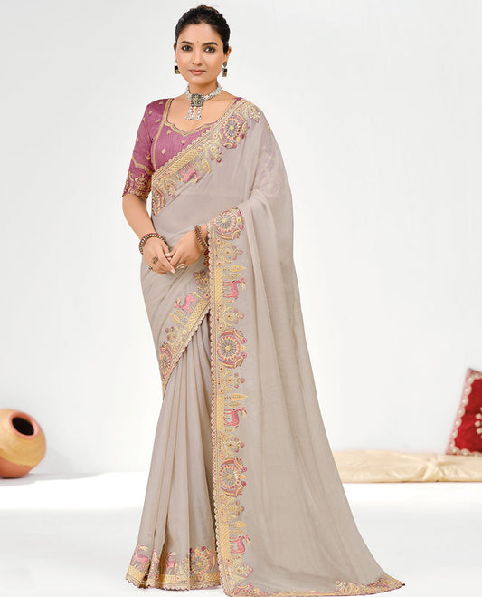 Grey Plain Designer Saree, Scallop Embroidered Border of Bird-Deer Motifs, Self-Pallu, and a Contrast Embroidered Blouse