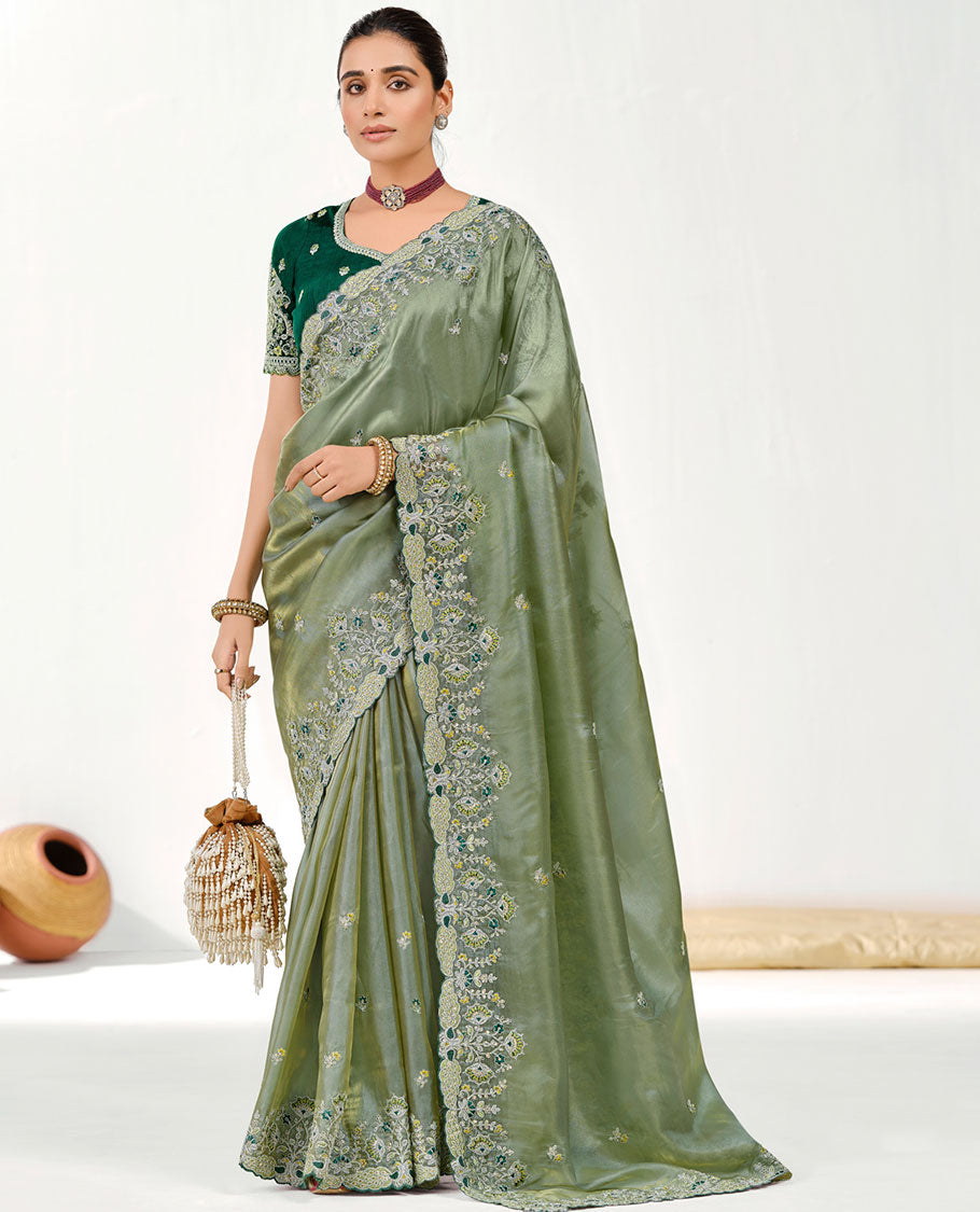 Green Floral Embroidered Designer Saree with Peacock and Floral Motifs Embroidered Scallop Border, Embroidered Pallu, and a Contrast Embroidered Blouse
