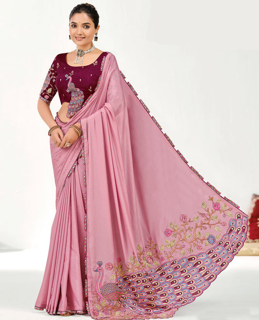 Pink Plain Designer Saree with Embroidered Scallop Border, Pallu Decked Up with a Big Beautiful Peacock Embroidery, and a Contrast Embroidered Blouse