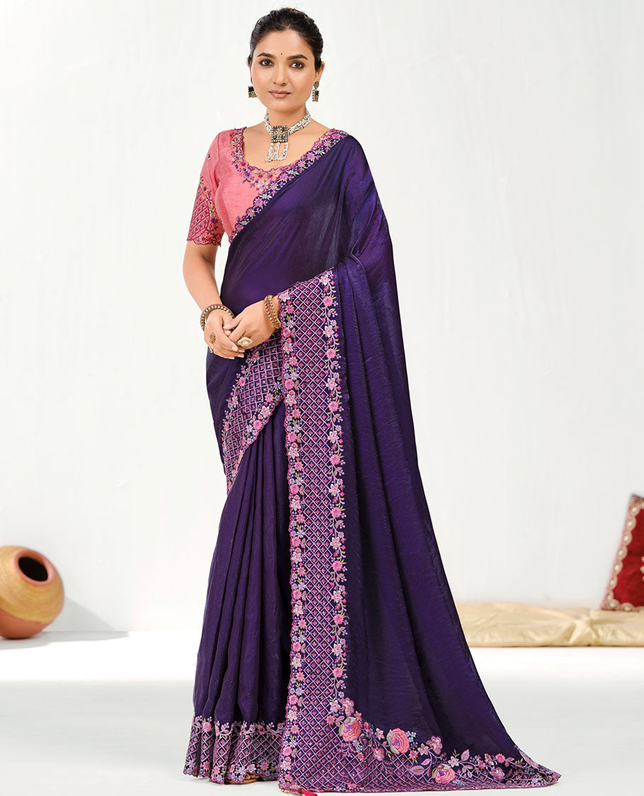 Dark Violet Plain Designer Saree with a Scallop Floral-Theme Embroidered Border, Embroidered Pallu, and a Contrast Embroidered Blouse