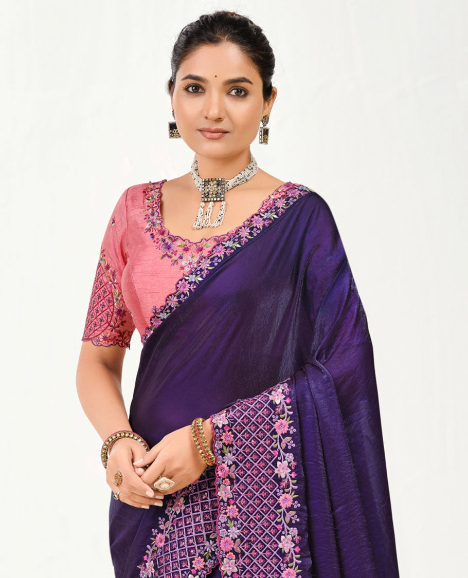Dark Violet Plain Designer Saree with a Scallop Floral-Theme Embroidered Border, Embroidered Pallu, and a Contrast Embroidered Blouse